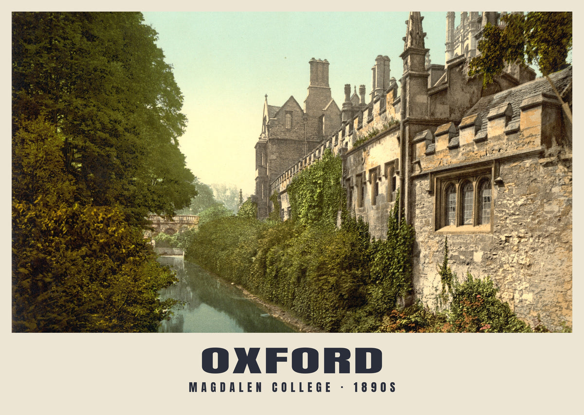 Magdalen College, Oxford, 1890s hand-coloured photochrom heritage print