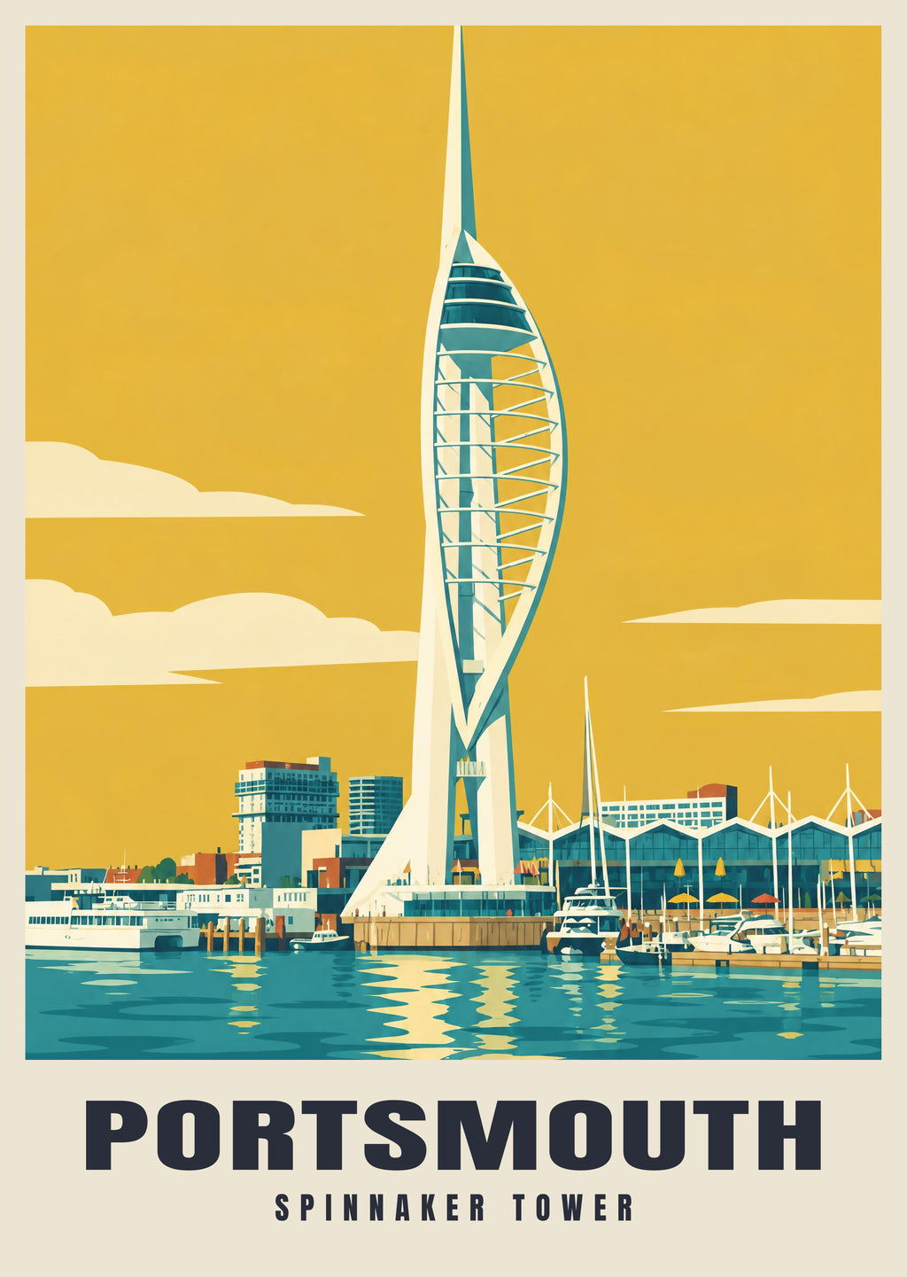Spinnaker Tower, Portsmouth poster in the Mid-Century style