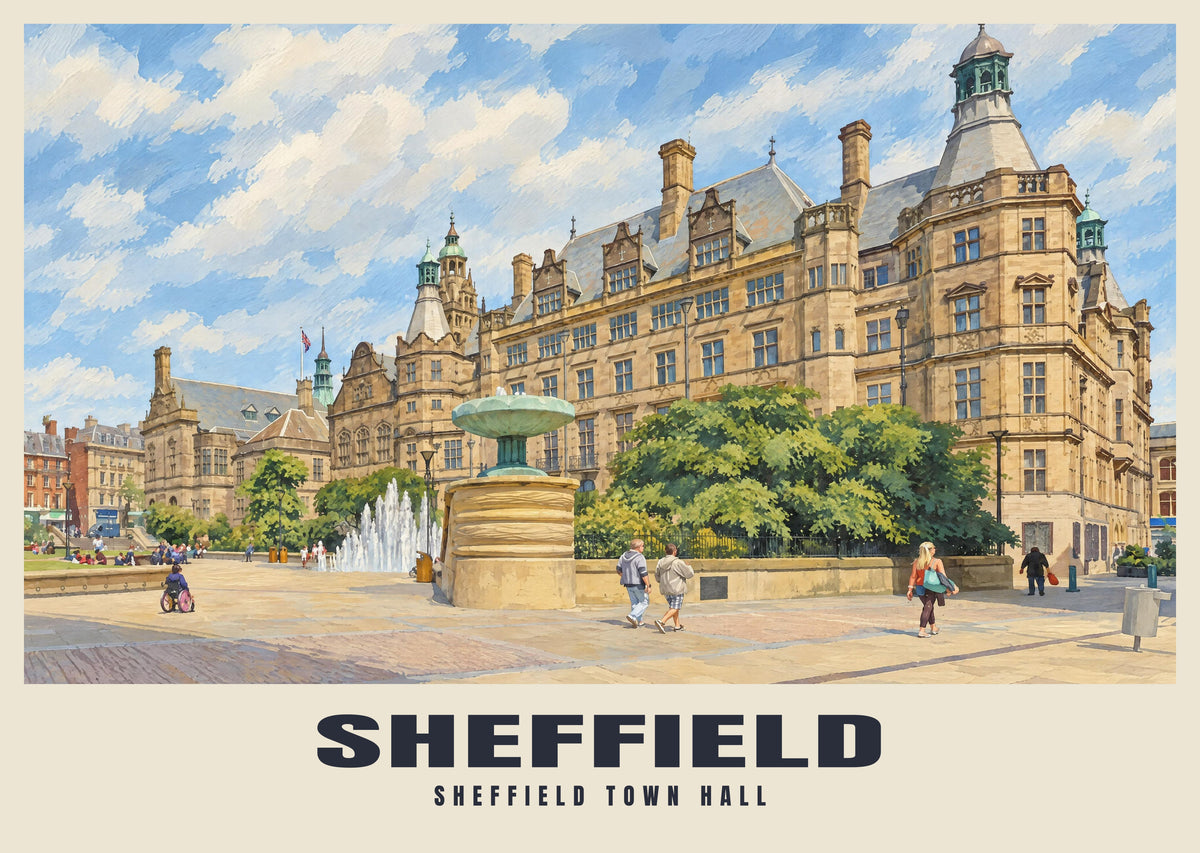 Sheffield Town Hall poster in the British Heritage style