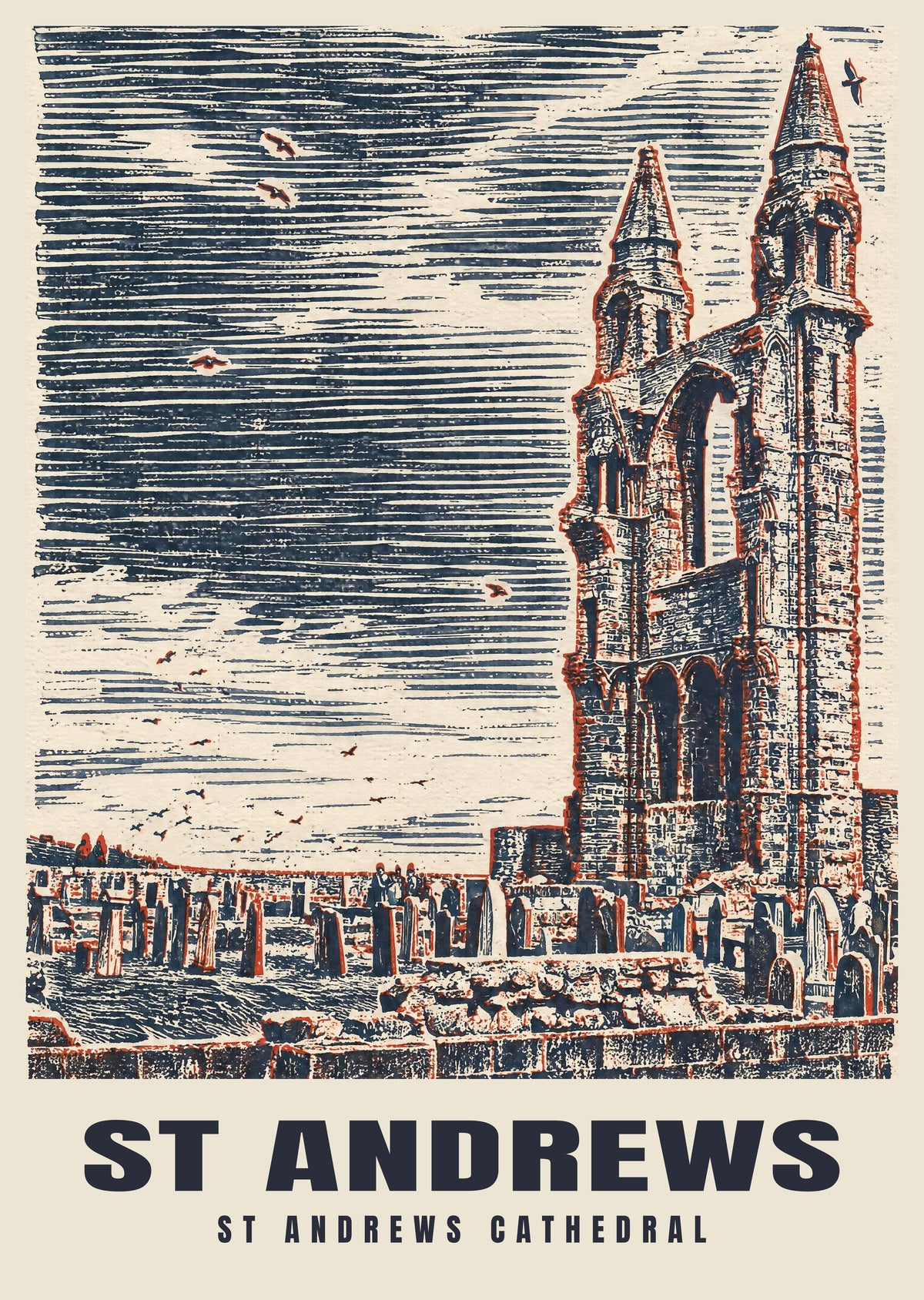 St Andrews Cathedral poster in the Linocut style