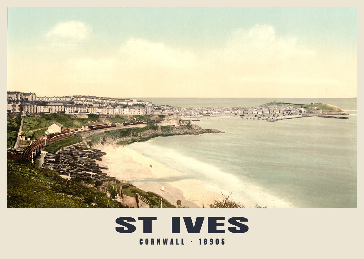 St Ives, 1890s hand-coloured photochrom heritage print