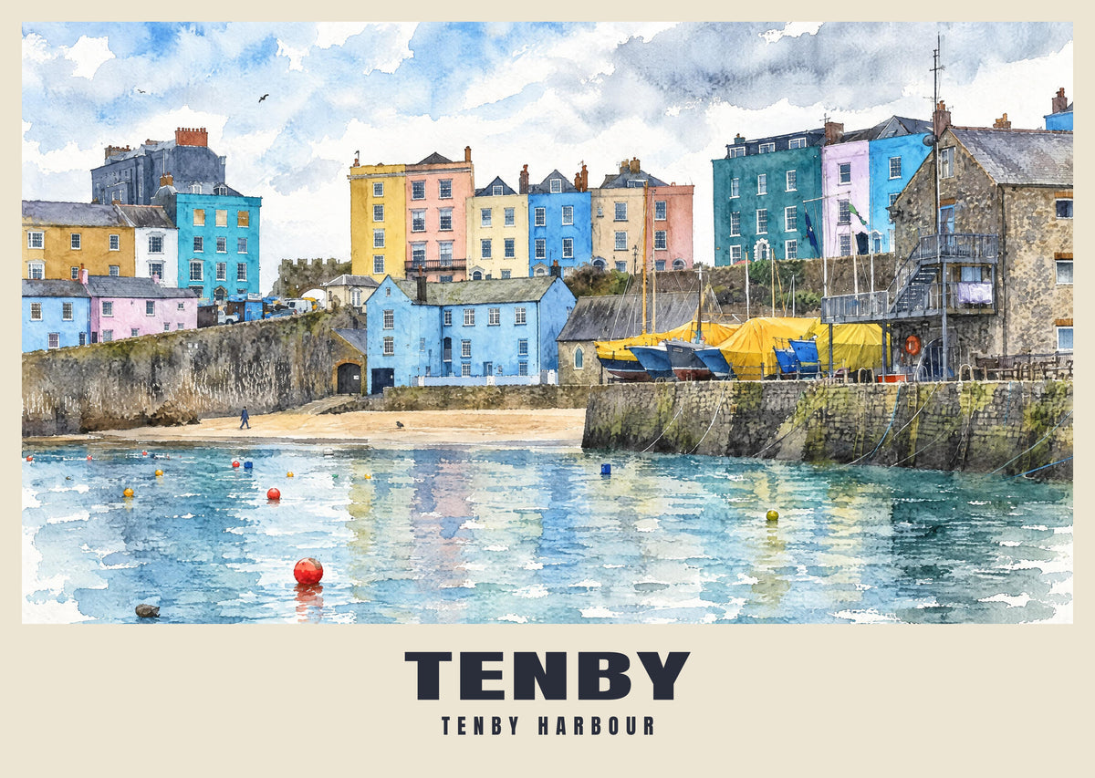 Tenby Harbour poster in the English Watercolour style
