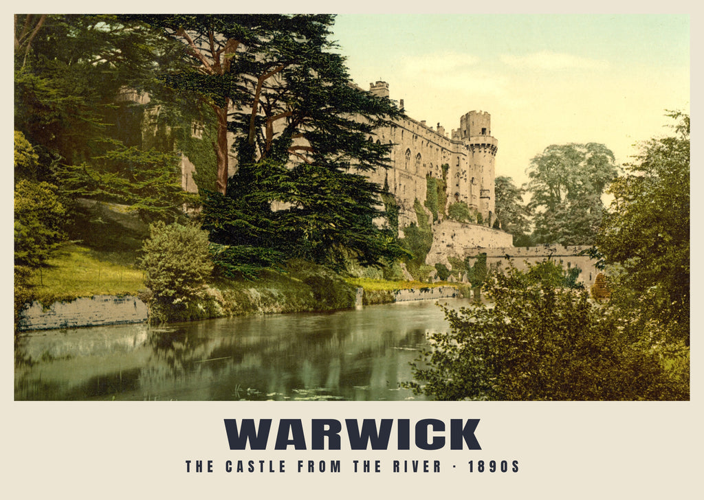 The Castle from the River, Warwick, 1890s hand-coloured photochrom heritage print
