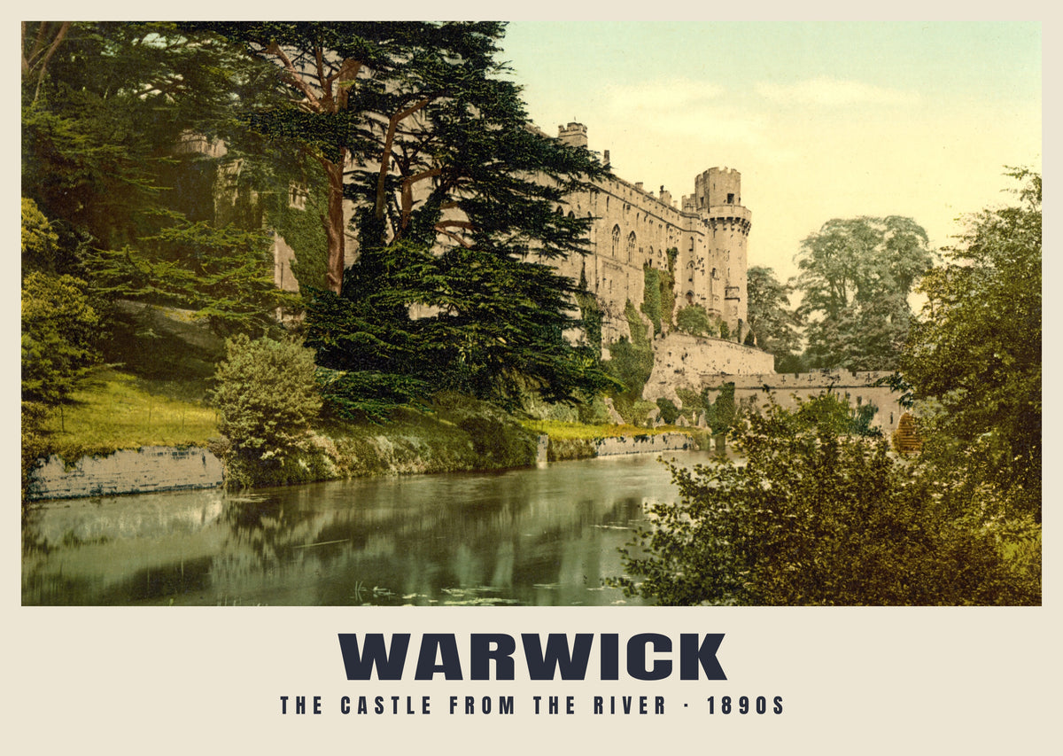 The Castle from the River, Warwick, 1890s hand-coloured photochrom heritage print