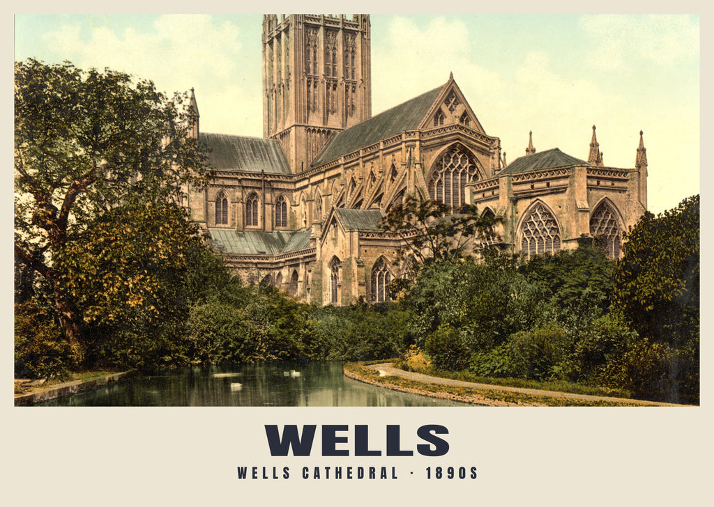 Wells Cathedral, 1890s hand-coloured photochrom heritage print