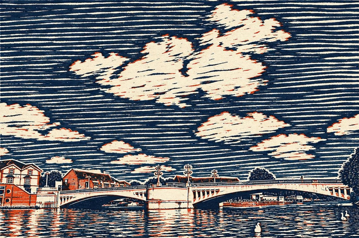 Caversham Bridge in the linocut style, illustrated from a real photo