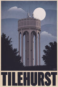 Tilehurst water tower poster: a moonlit illustration with TILEHURST in the name band