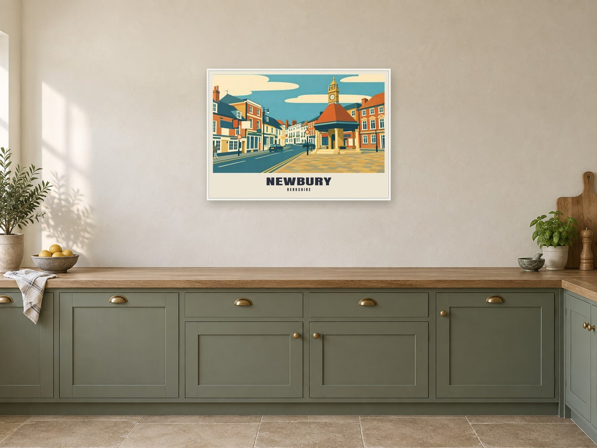 Newbury Clock Tower Poster at A1, in a white frame, in a kitchen