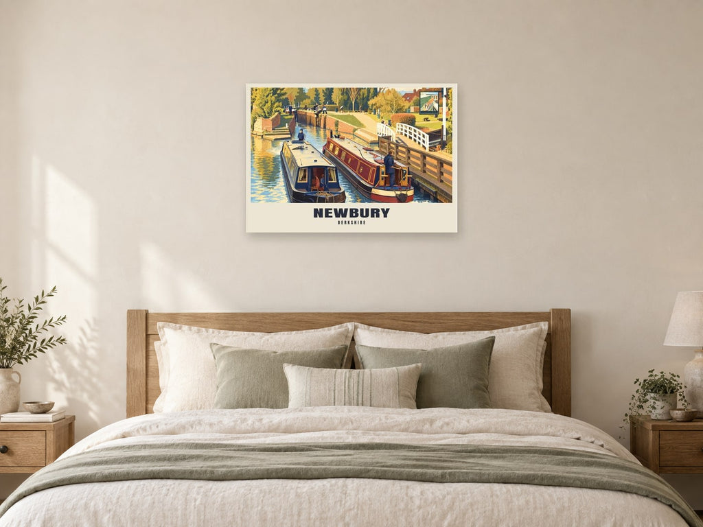 Newbury Lock Poster at A1, as a poster, above a bed