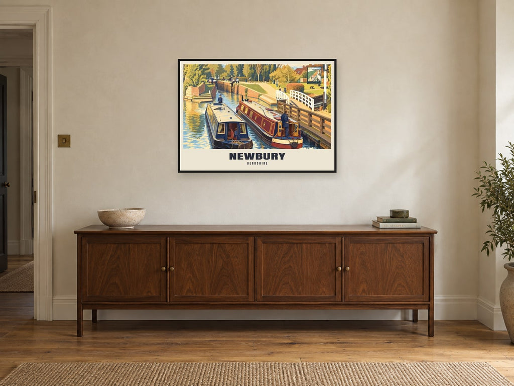 Newbury Lock Poster at A1, in a black frame, above a sideboard
