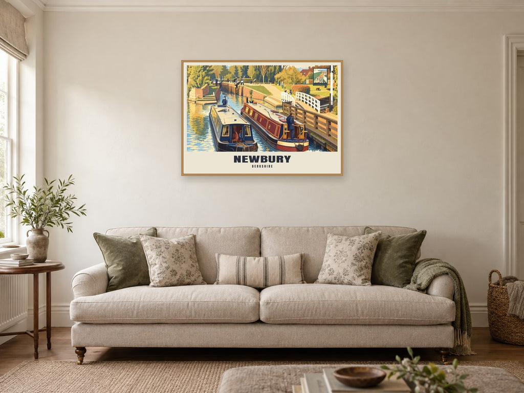 Newbury Lock Poster at A1, in an oak frame, in a sitting room
