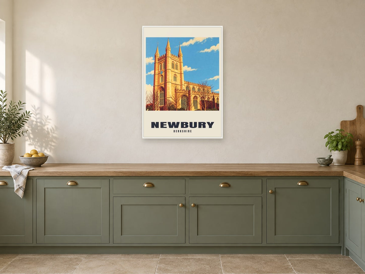 Newbury Poster — St Nicolas' Church at A1, in a white frame, in a kitchen