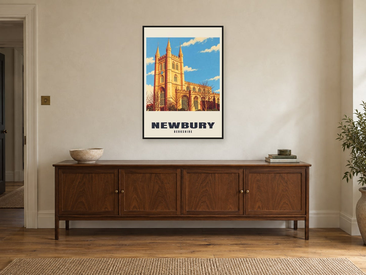 Newbury Poster — St Nicolas' Church at A1, in a black frame, above a sideboard