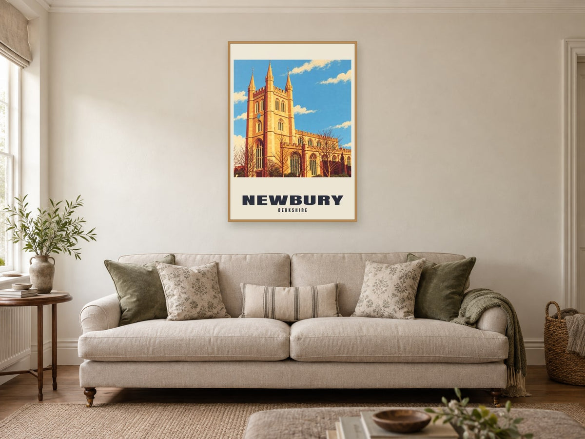 Newbury Poster — St Nicolas' Church at A1, in an oak frame, in a sitting room