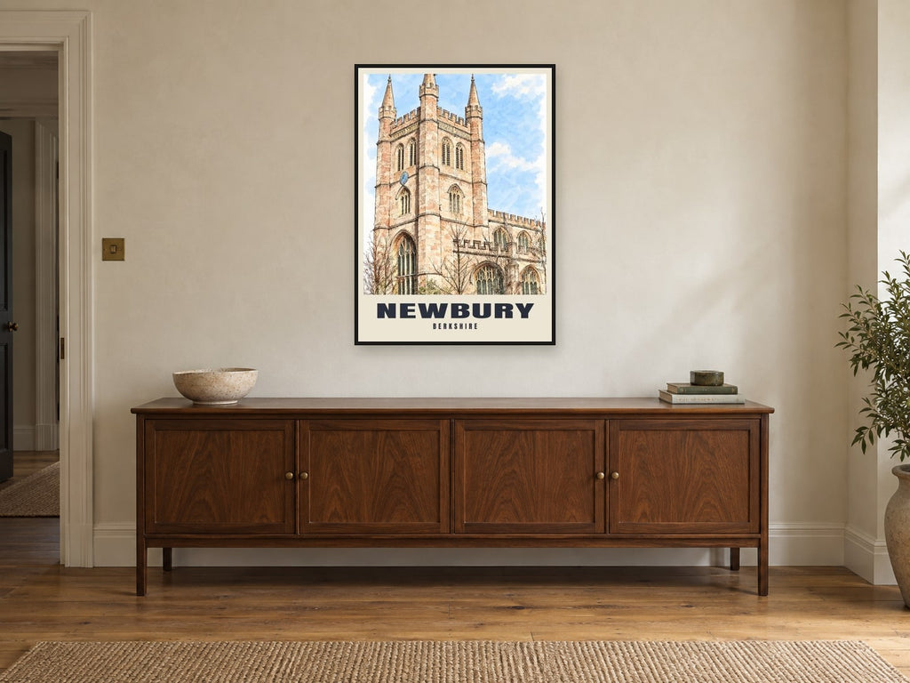 St Nicolas' Church, Newbury Poster at A1, in a black frame, above a sideboard