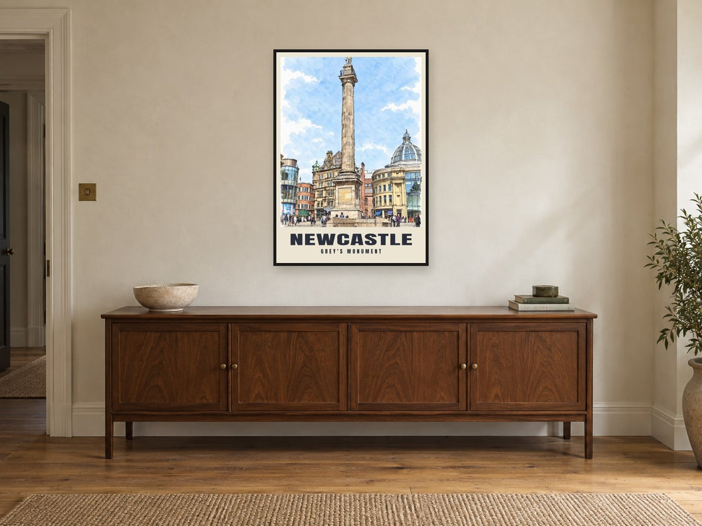 Grey's Monument, Newcastle Poster at A1, in a black frame, above a sideboard