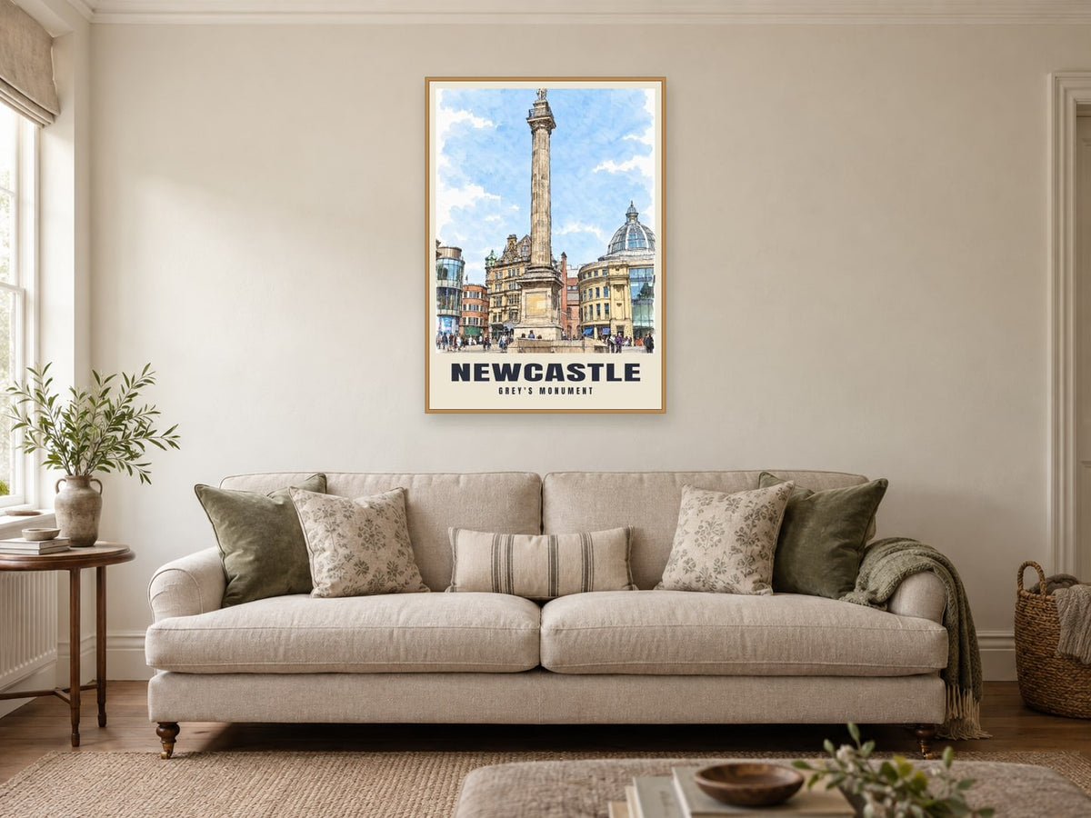 Grey's Monument, Newcastle Poster at A1, in an oak frame, in a sitting room