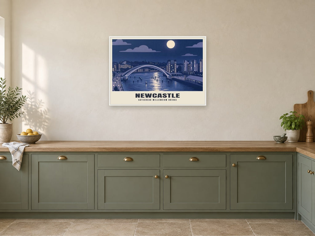 Gateshead Millennium Bridge, Newcastle Poster at A1, in a white frame, in a kitchen