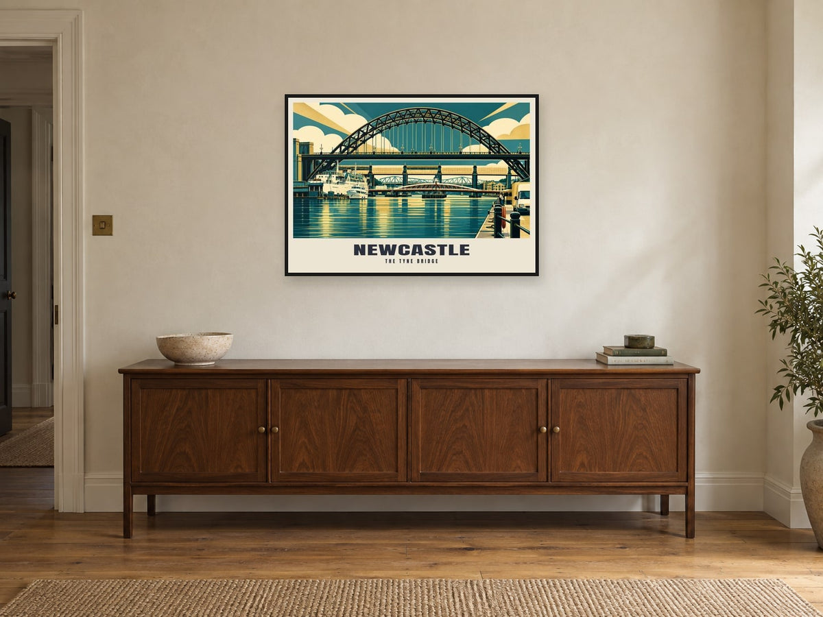 The Tyne Bridge, Newcastle Poster at A1, in a black frame, above a sideboard