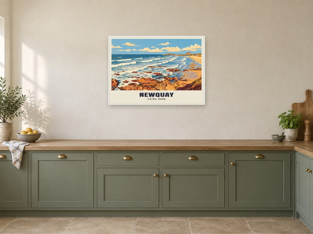 Fistral Beach, Newquay Poster at A1, in a white frame, in a kitchen