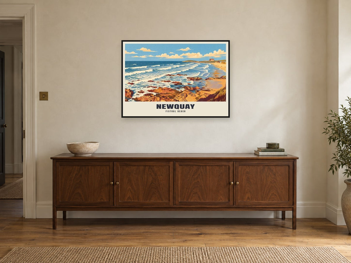 Fistral Beach, Newquay Poster at A1, in a black frame, above a sideboard