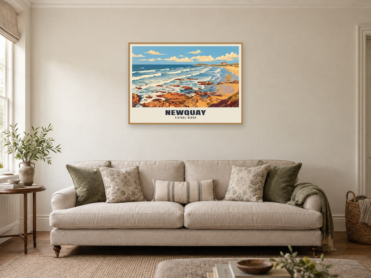 Fistral Beach, Newquay Poster at A1, in an oak frame, in a sitting room