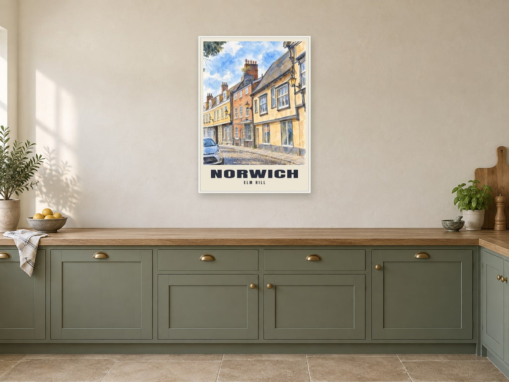 Elm Hill, Norwich Poster at A1, in a white frame, in a kitchen
