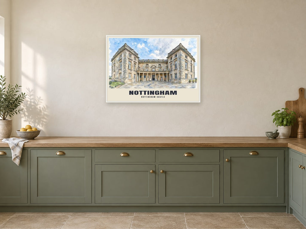 Nottingham Castle Poster at A1, in a white frame, in a kitchen