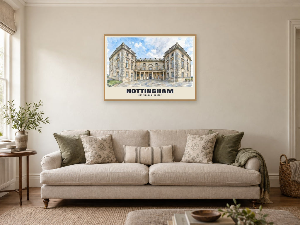 Nottingham Castle Poster at A1, in an oak frame, in a sitting room