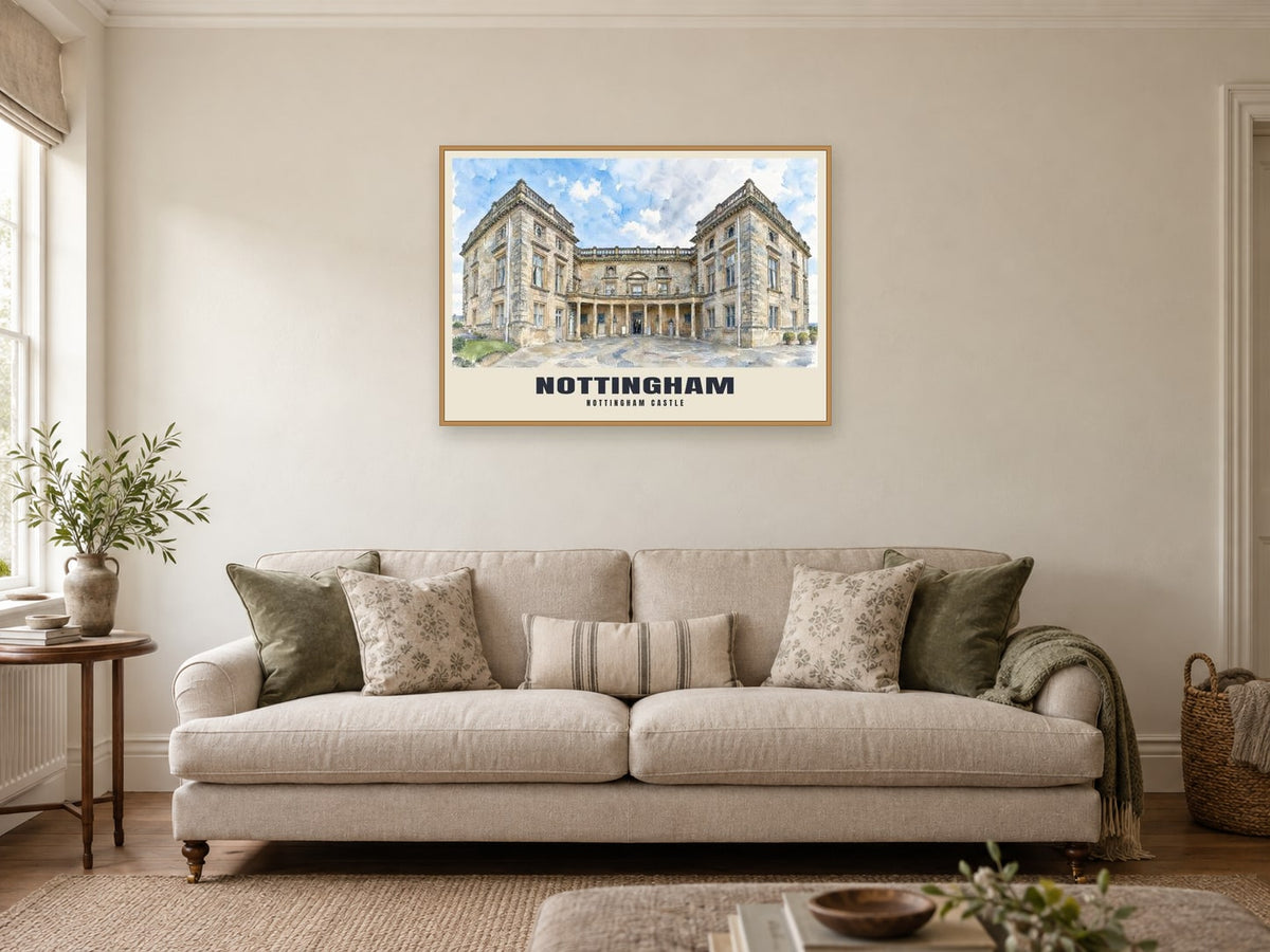 Nottingham Castle Poster at A1, in an oak frame, in a sitting room