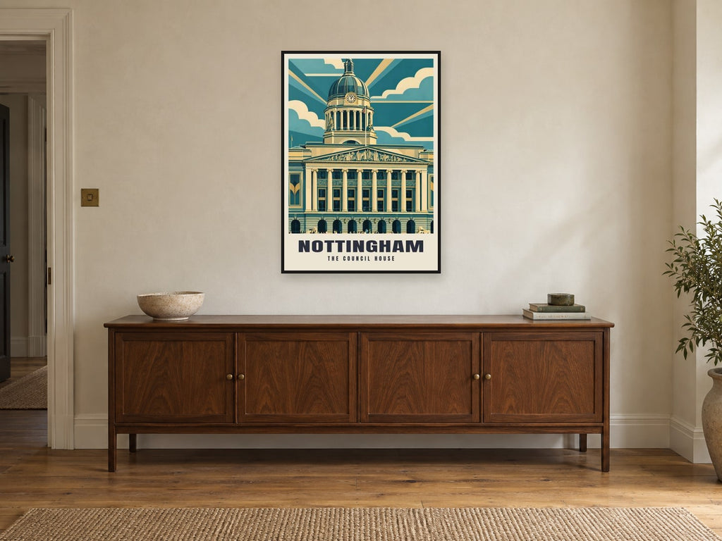 The Council House, Nottingham Poster at A1, in a black frame, above a sideboard