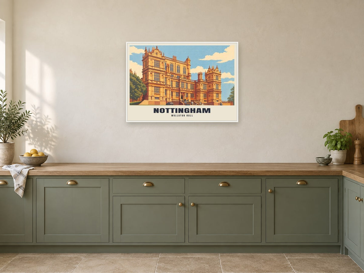 Wollaton Hall, Nottingham Poster at A1, in a white frame, in a kitchen