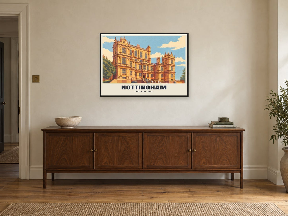 Wollaton Hall, Nottingham Poster at A1, in a black frame, above a sideboard