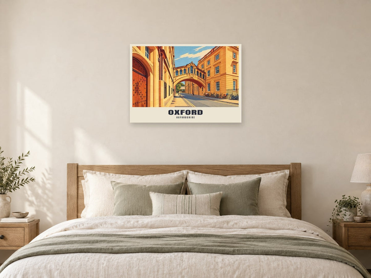 Oxford Poster at A1, as a poster, above a bed