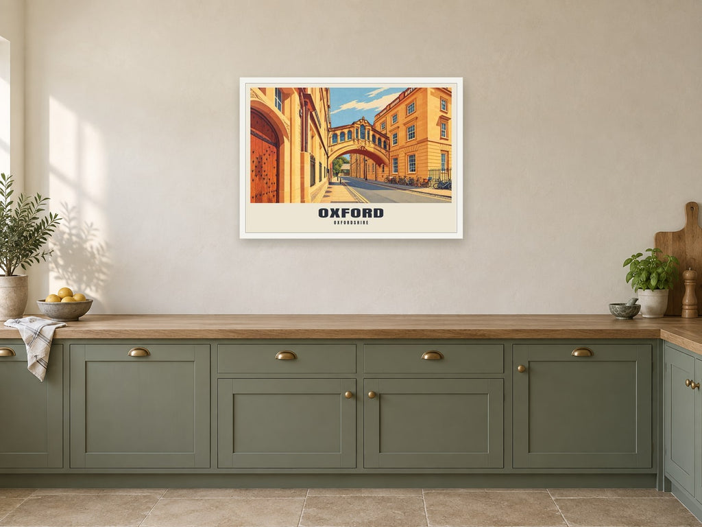 Oxford Poster at A1, in a white frame, in a kitchen