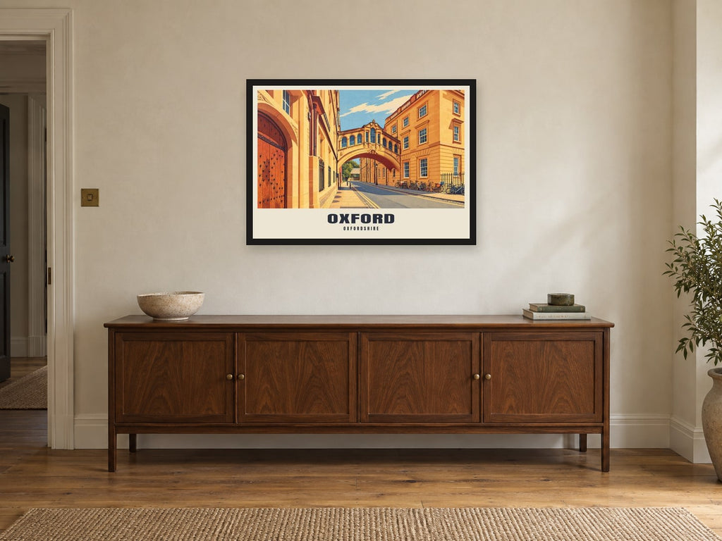 Oxford Poster at A1, in a black frame, above a sideboard