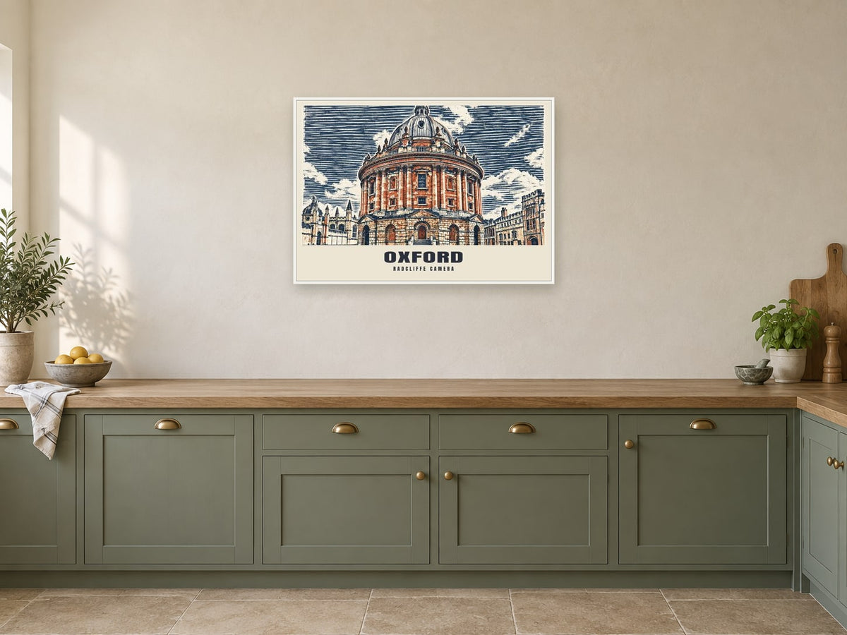 The Radcliffe Camera, Oxford Poster at A1, in a white frame, in a kitchen
