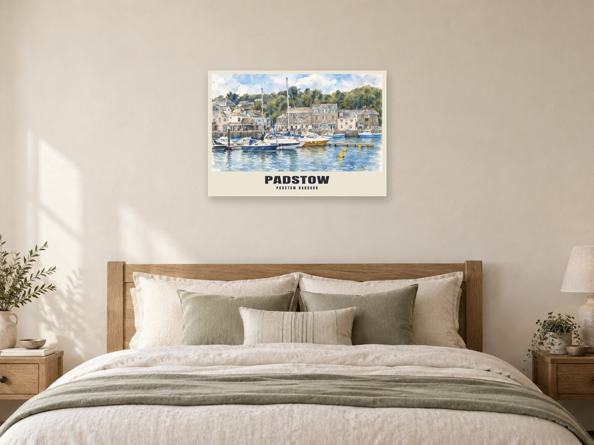 Padstow Harbour Poster at A1, as a poster, above a bed