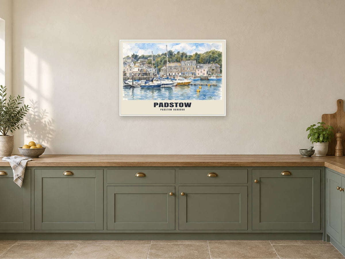 Padstow Harbour Poster at A1, in a white frame, in a kitchen