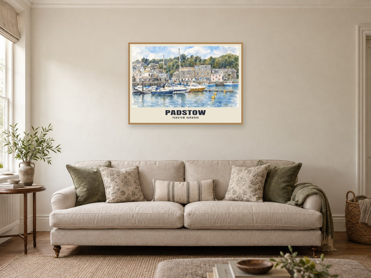 Padstow Harbour Poster at A1, in an oak frame, in a sitting room