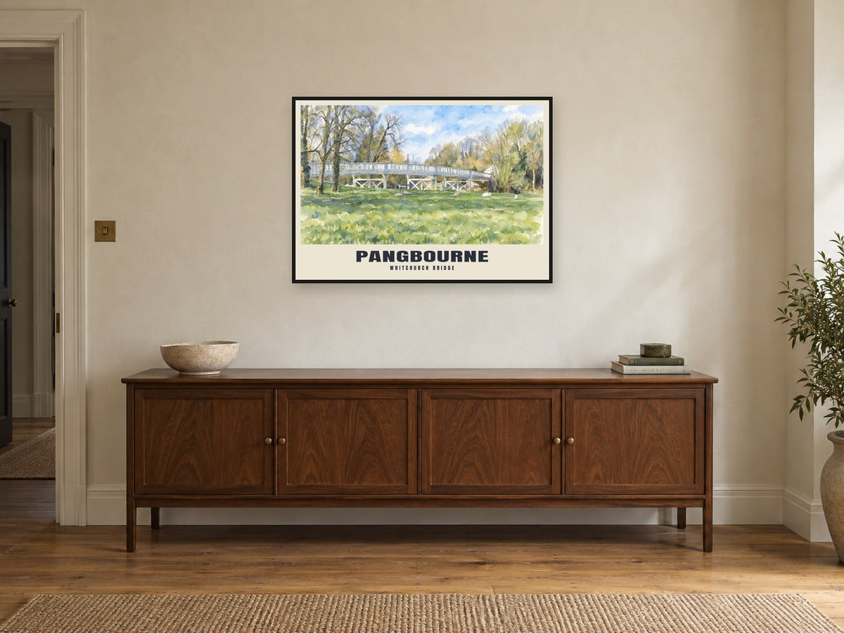 Whitchurch Bridge, Pangbourne Poster at A1, in a black frame, above a sideboard