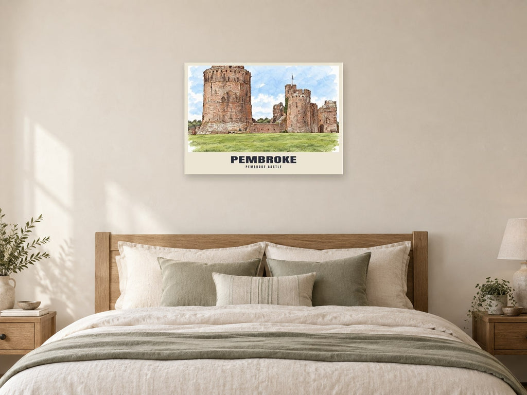 Pembroke Castle Poster at A1, as a poster, above a bed