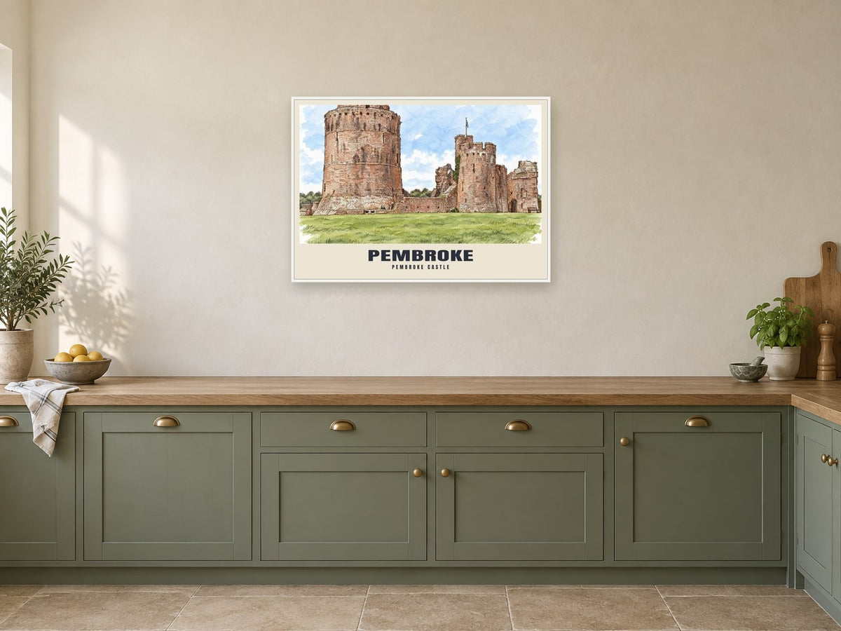 Pembroke Castle Poster at A1, in a white frame, in a kitchen