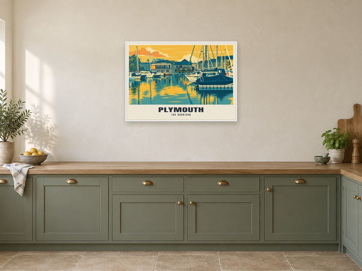 The Barbican, Plymouth Poster at A1, in a white frame, in a kitchen
