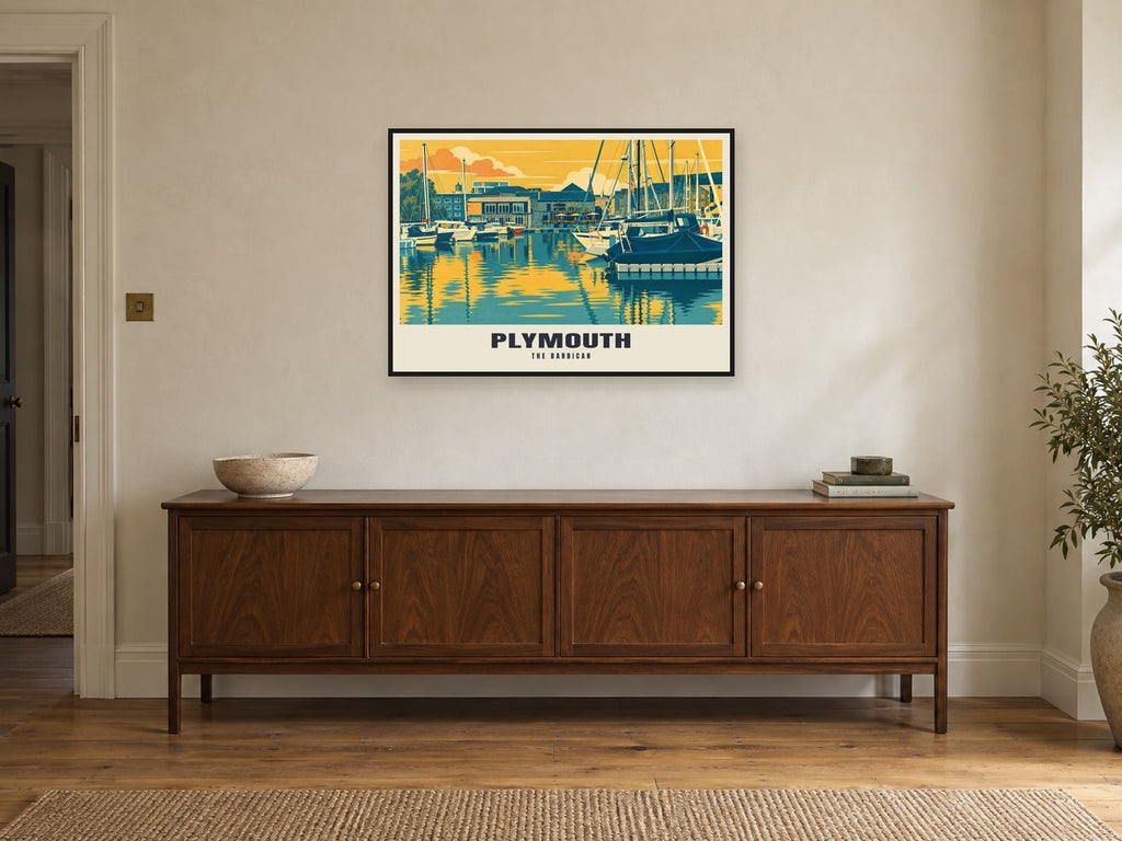 The Barbican, Plymouth Poster at A1, in a black frame, above a sideboard