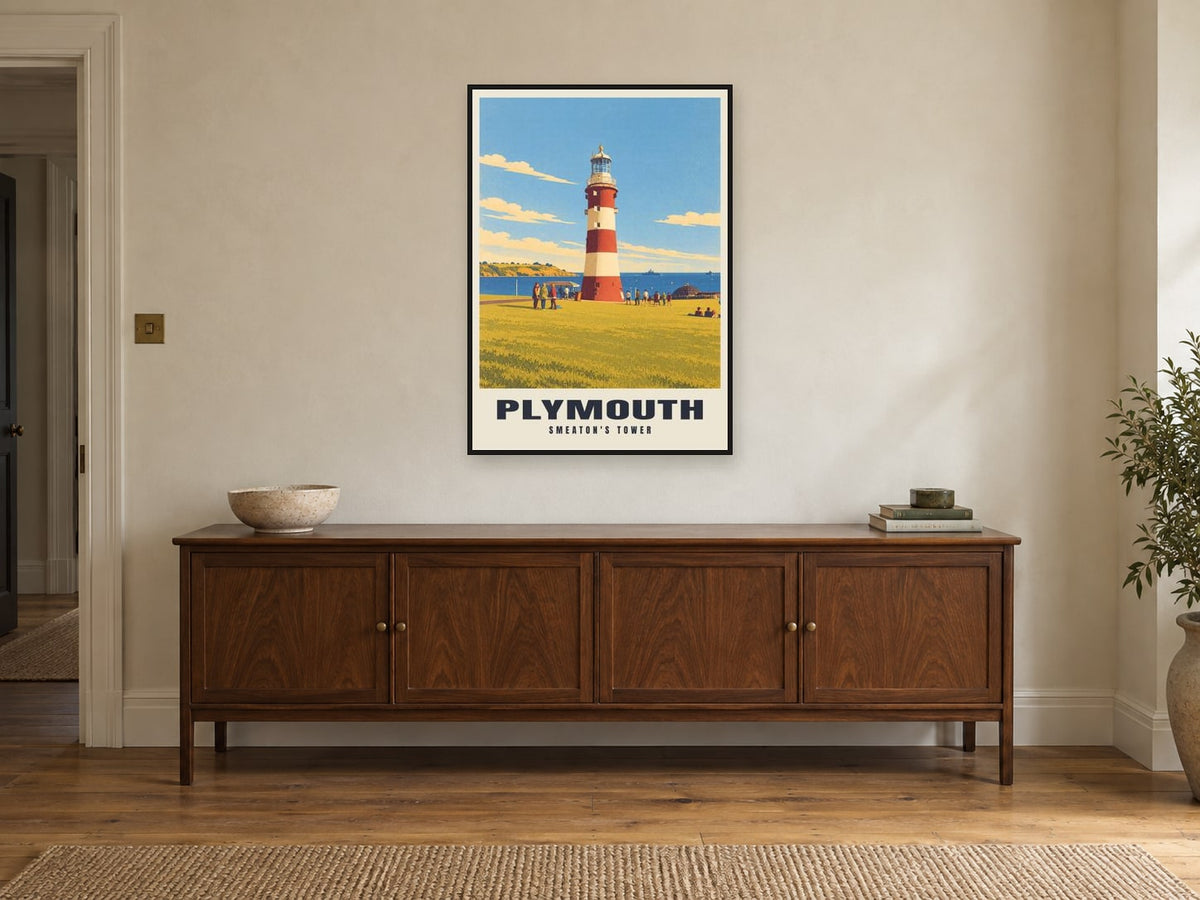 Smeaton's Tower, Plymouth Poster at A1, in a black frame, above a sideboard