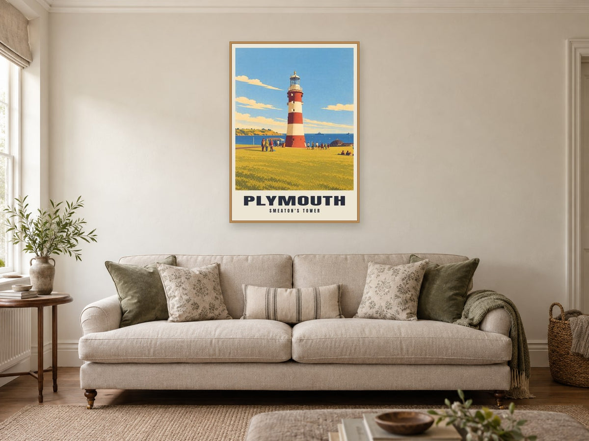 Smeaton's Tower, Plymouth Poster at A1, in an oak frame, in a sitting room