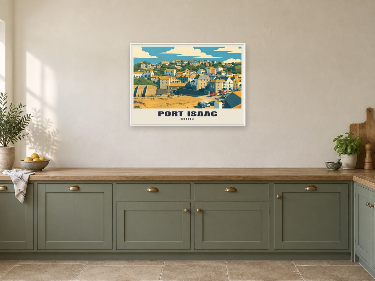 Port Isaac Poster at A1, in a white frame, in a kitchen