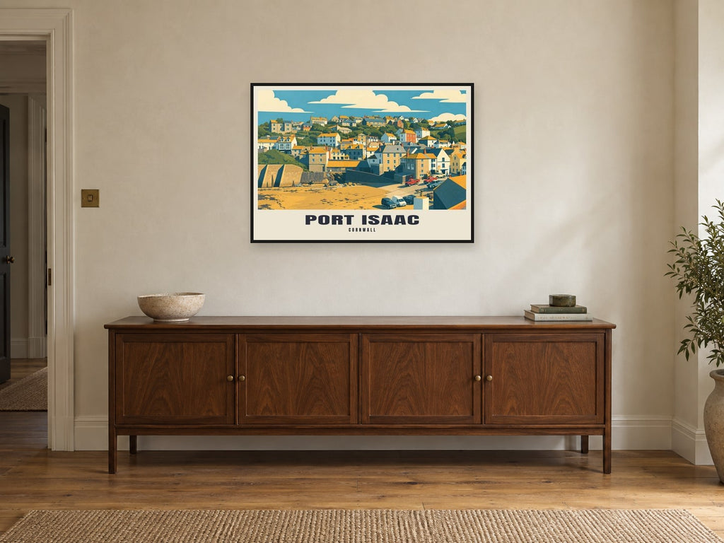 Port Isaac Poster at A1, in a black frame, above a sideboard