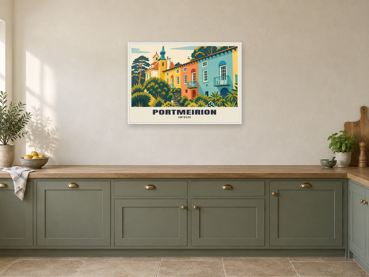 Portmeirion Poster at A1, in a white frame, in a kitchen